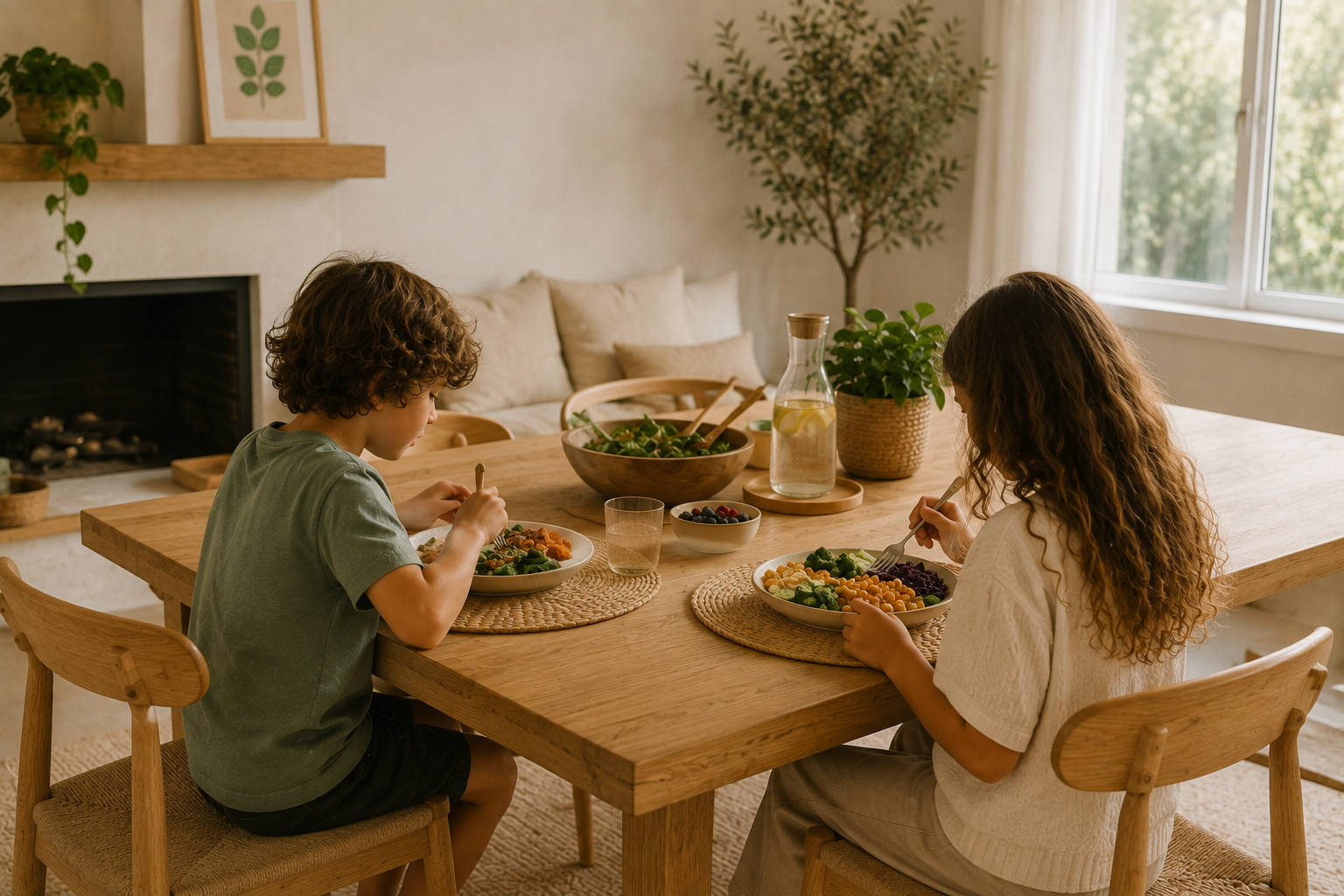 Two children eating a colourful home-cooked meal at a sunlit family table