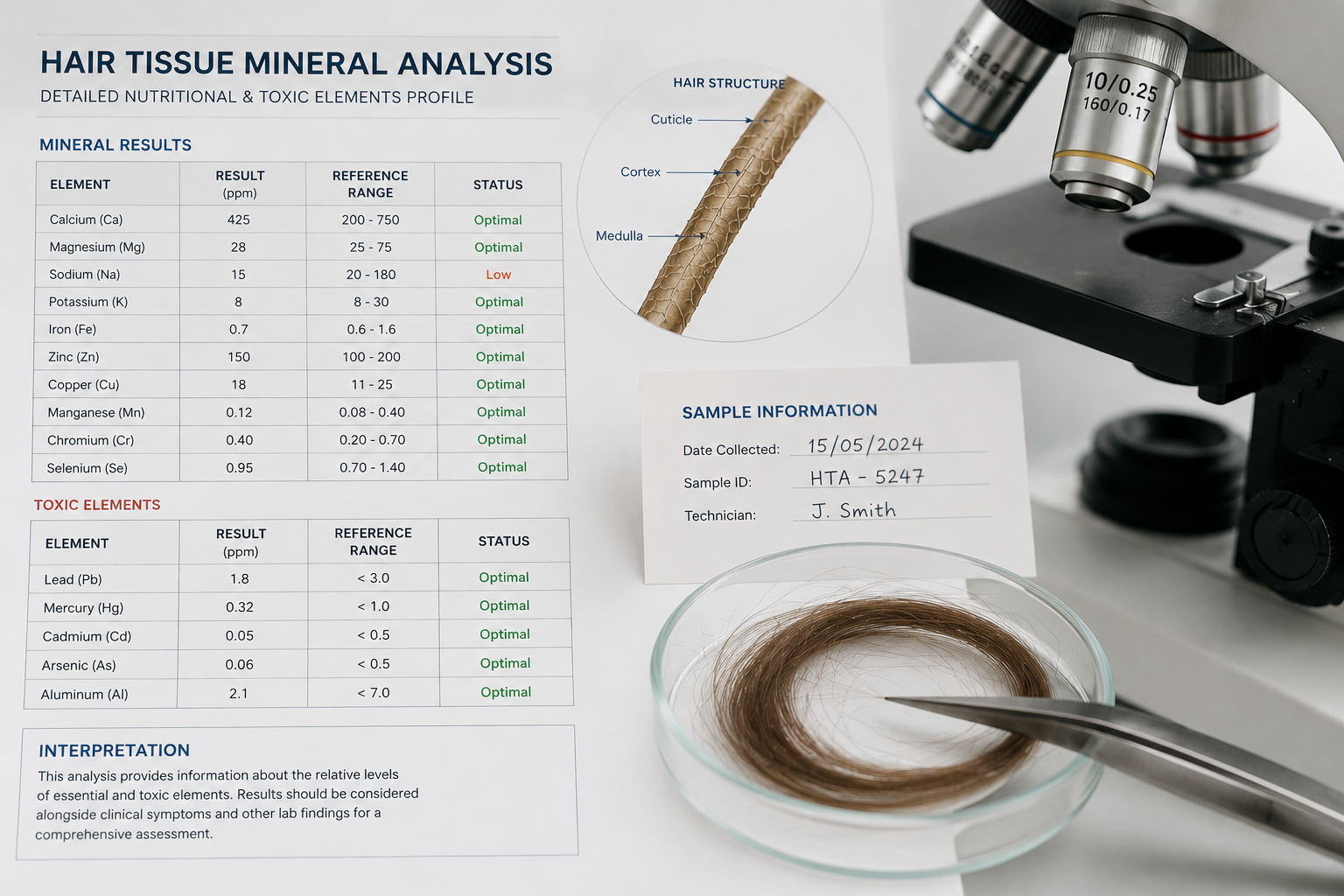 A hair tissue mineral analysis report beside a hair sample and microscope